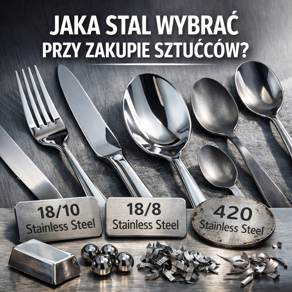 Daj mi grafikę kwadratową do artykułu na temat Jaką stal wybrać przy zakupie sztućców